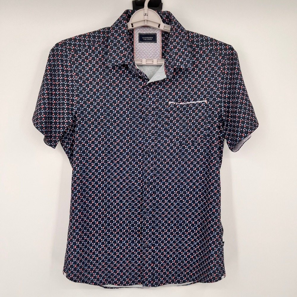7 Diamonds Mens 4 Way Stretch Medium Button Down Shirt Geometric Navy Pink
